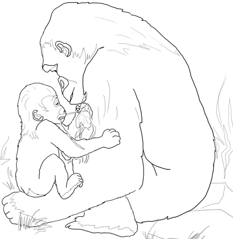 Baby Gorilla Playing With Mother Coloring Page